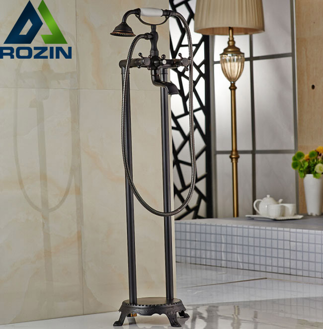 modern standing waterfall bathtub mixer faucet dual cross handles with handshower floor mount