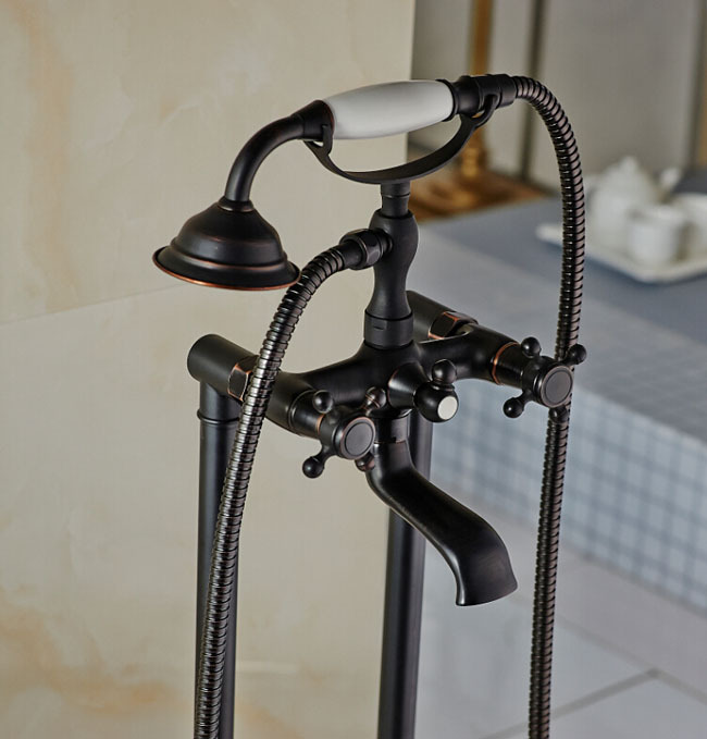 modern standing waterfall bathtub mixer faucet dual cross handles with handshower floor mount