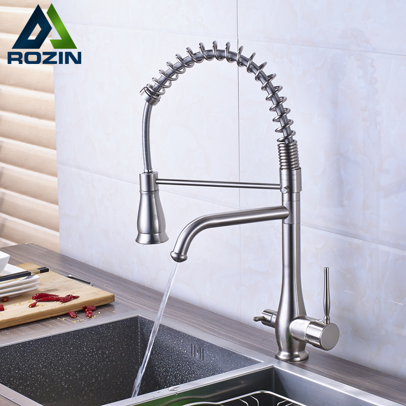 new design bathroom kitchen pure water faucet dual handle spring pull down kitchen mixer taps with bracket