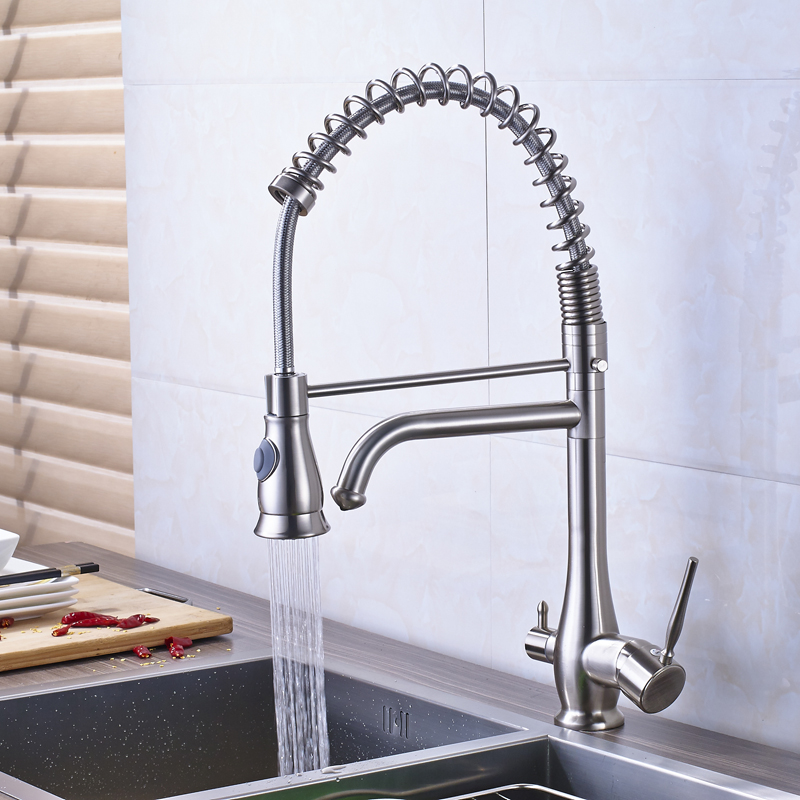 new design bathroom kitchen pure water faucet dual handle spring pull down kitchen mixer taps with bracket