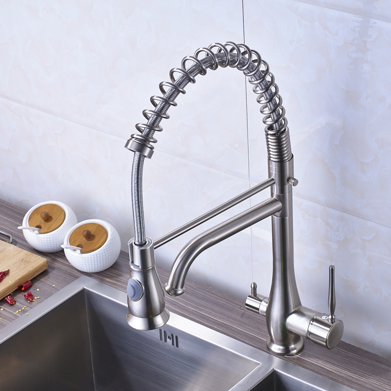 new design bathroom kitchen pure water faucet dual handle spring pull down kitchen mixer taps with bracket