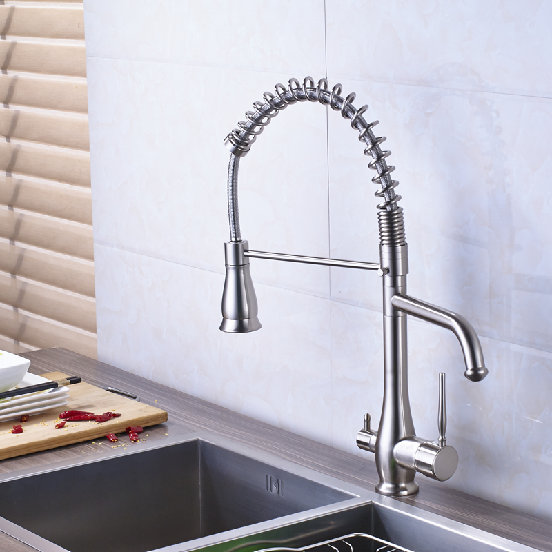 new design bathroom kitchen pure water faucet dual handle spring pull down kitchen mixer taps with bracket