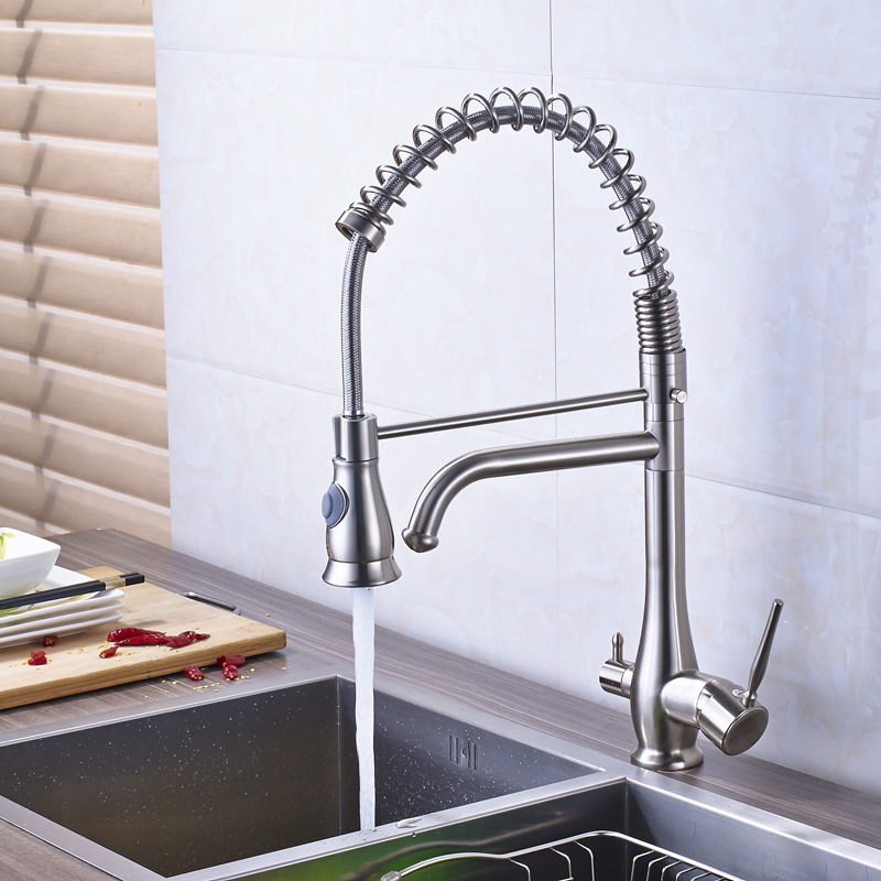 new design bathroom kitchen pure water faucet dual handle spring pull down kitchen mixer taps with bracket