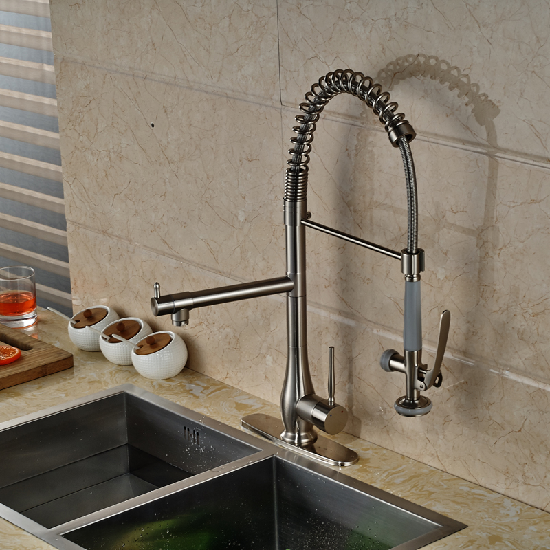 new design single handle bathroom kitchen faucet pull down hands sprayer kitchen mixes brushed nickel finish