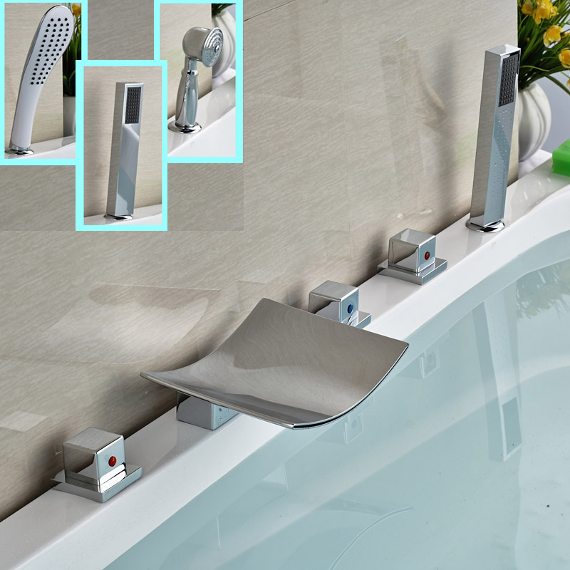 newly 3-styles deck mount 5pcs waterfall spout tub faucet chrome finished bathtub mixer taps widespread 5 holes