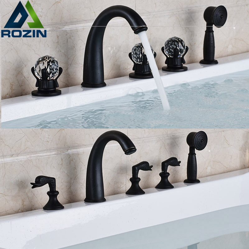 newly 5pcs deck mounted bath faucet set three handles with handheld shower bathtub mixer taps oil rubbed bronze