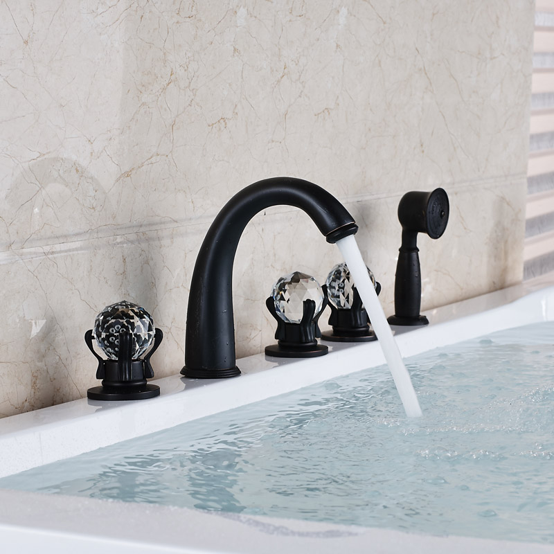 newly 5pcs deck mounted bath faucet set three handles with handheld shower bathtub mixer taps oil rubbed bronze