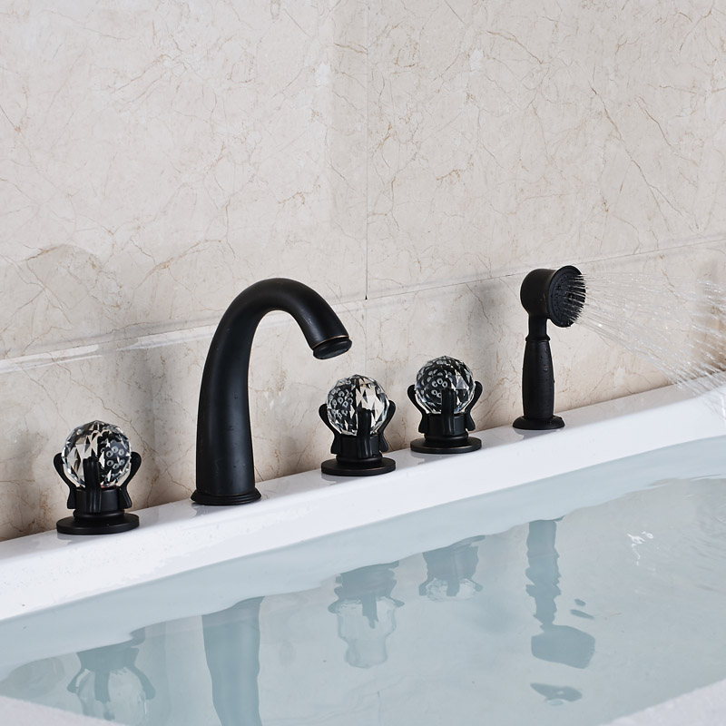 newly 5pcs deck mounted bath faucet set three handles with handheld shower bathtub mixer taps oil rubbed bronze