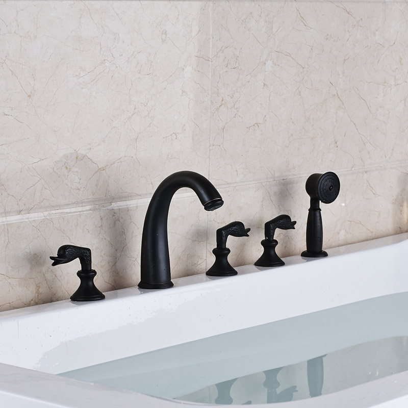 newly 5pcs deck mounted bath faucet set three handles with handheld shower bathtub mixer taps oil rubbed bronze