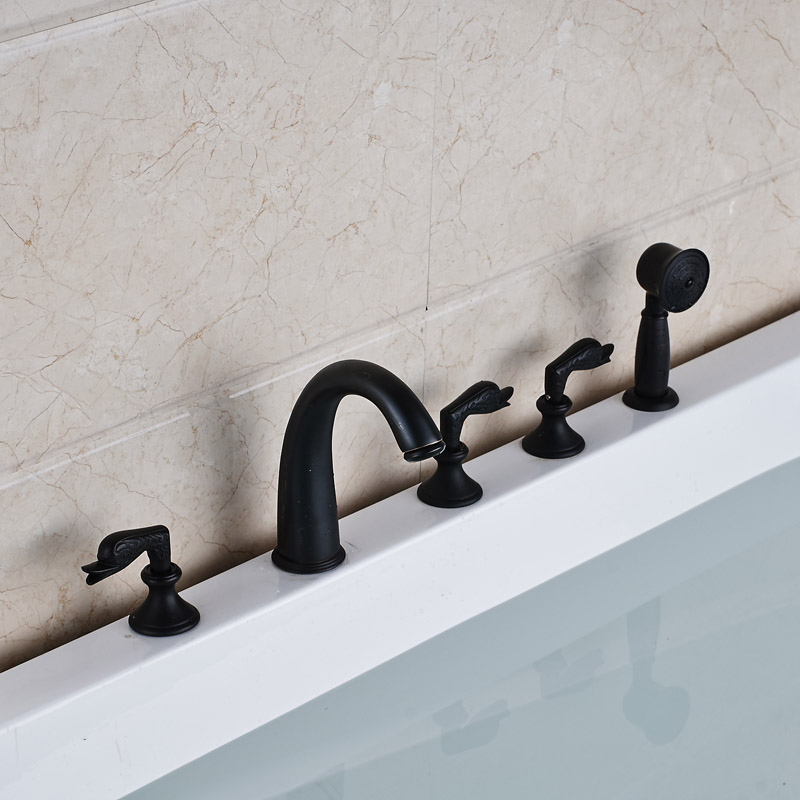 newly 5pcs deck mounted bath faucet set three handles with handheld shower bathtub mixer taps oil rubbed bronze