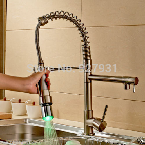 nickel brushed led pull down kitchen faucet deck mounted double spout and cold water kitchen mixer taps