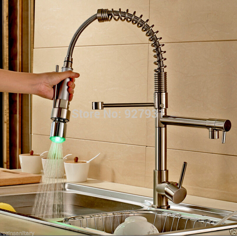 nickel brushed led pull down kitchen faucet deck mounted double spout and cold water kitchen mixer taps