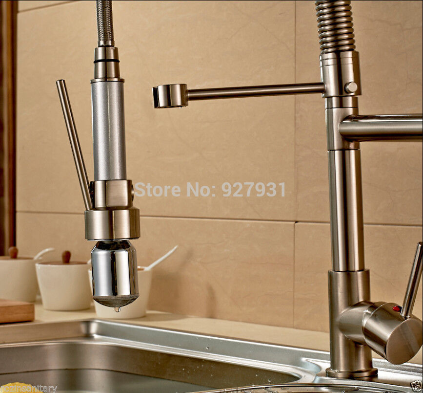 nickel brushed led pull down kitchen faucet deck mounted double spout and cold water kitchen mixer taps