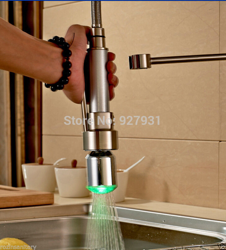 nickel brushed led pull down kitchen faucet deck mounted double spout and cold water kitchen mixer taps