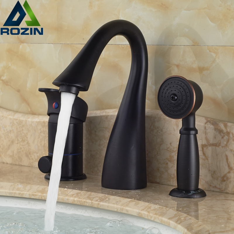 oil rubbed bronze 3pcs deck mount bathroom bath tub faucet with handheld shower