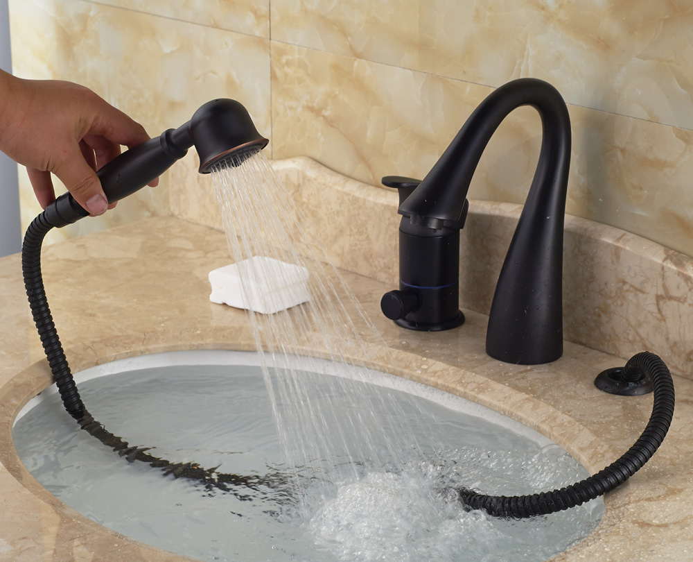 oil rubbed bronze 3pcs deck mount bathroom bath tub faucet with handheld shower