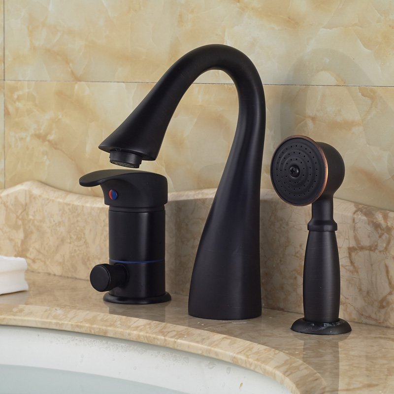 oil rubbed bronze 3pcs deck mount bathroom bath tub faucet with handheld shower