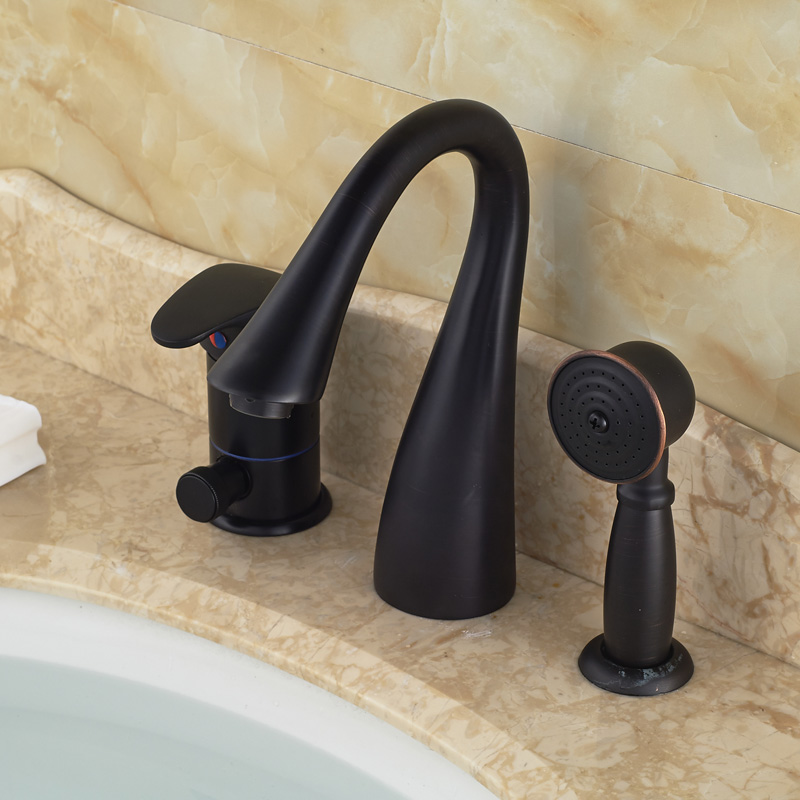 oil rubbed bronze 3pcs deck mount bathroom bath tub faucet with handheld shower