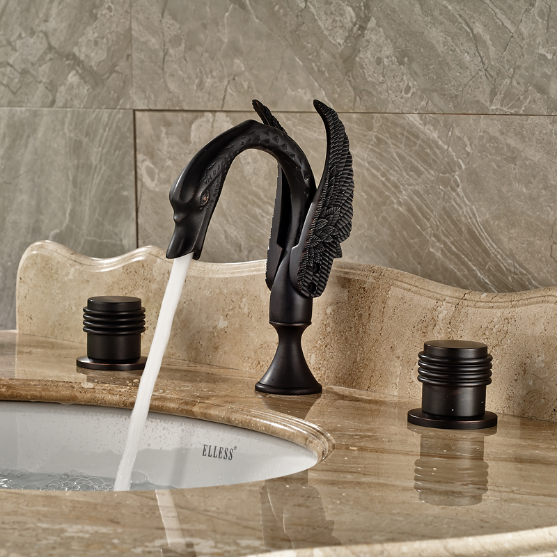 oil rubbed bronze creative swan deck mount 3 holes basin mixer faucet widespread bathroom sink faucet dual handles