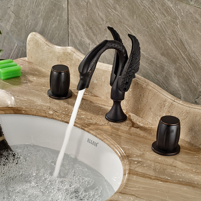 oil rubbed bronze creative swan deck mount 3 holes basin mixer faucet widespread bathroom sink faucet dual handles