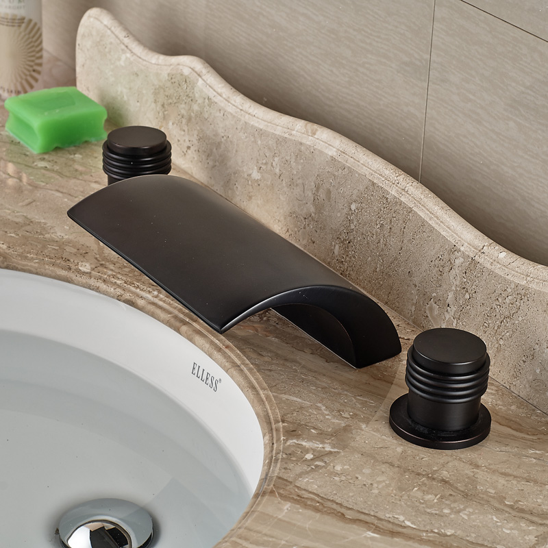 oil rubbed bronze deck mount waterfall 3pcs dual handle basin faucet bathroom 3 holes mixer taps