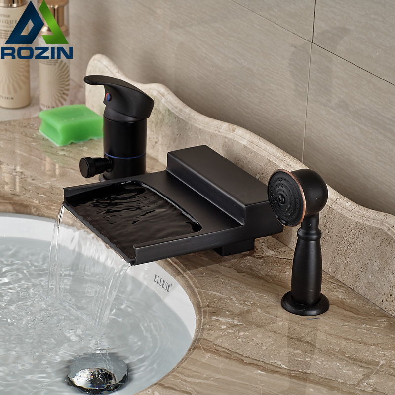 oil rubbed bronze waterfall 3pcs bathtub mixer faucet deck mount single handle pull out handshower