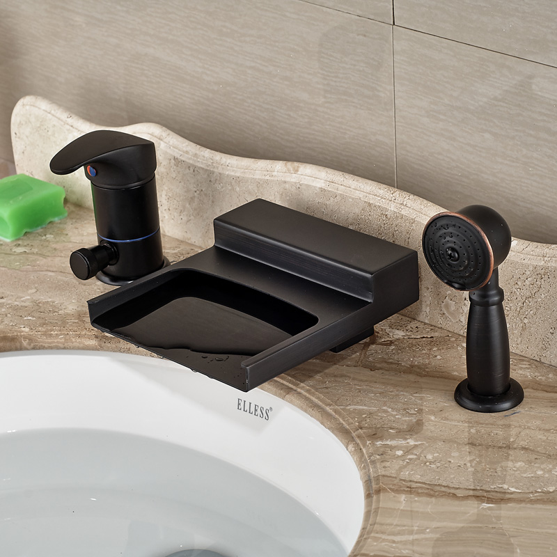 oil rubbed bronze waterfall 3pcs bathtub mixer faucet deck mount single handle pull out handshower