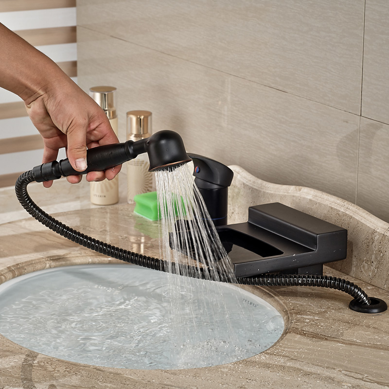 oil rubbed bronze waterfall 3pcs bathtub mixer faucet deck mount single handle pull out handshower