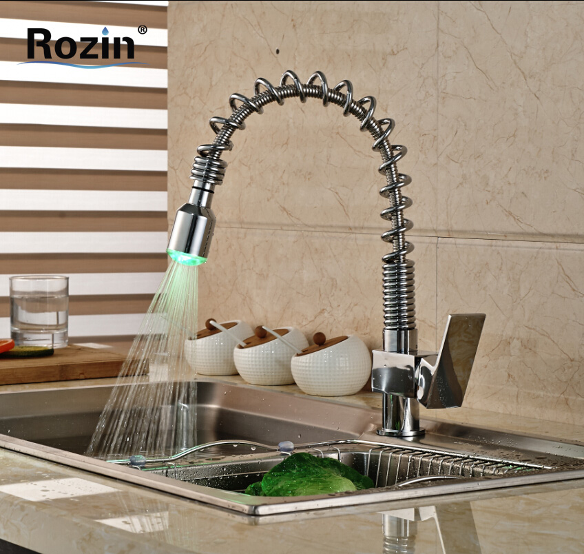 polished chrome led light pull down/out kitchen sink faucet single lever spring kitchen cold water mixer tap