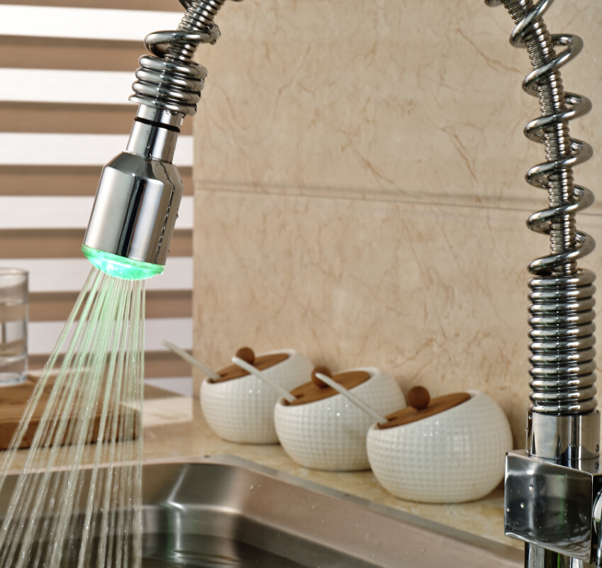 polished chrome led light pull down/out kitchen sink faucet single lever spring kitchen cold water mixer tap