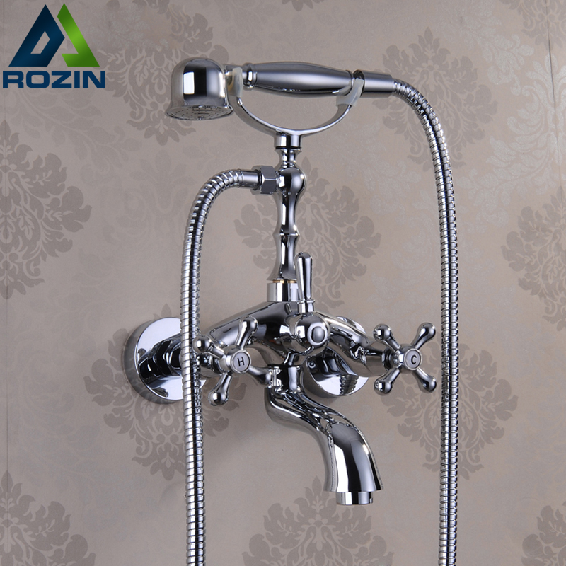 polished chrome wall mount bathtub faucet dual cross handles brass bathroom tub shower mixers with handshower