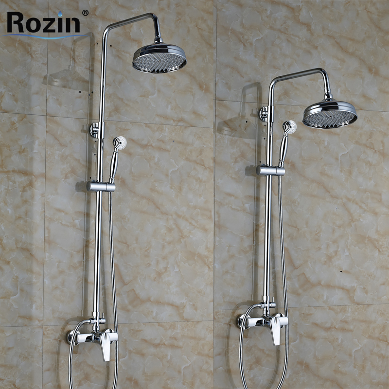 polished chrome wall mounted shower faucet complete set single handle 8" brass rainfall shower mixer with handshower