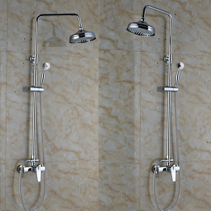 polished chrome wall mounted shower faucet complete set single handle 8" brass rainfall shower mixer with handshower