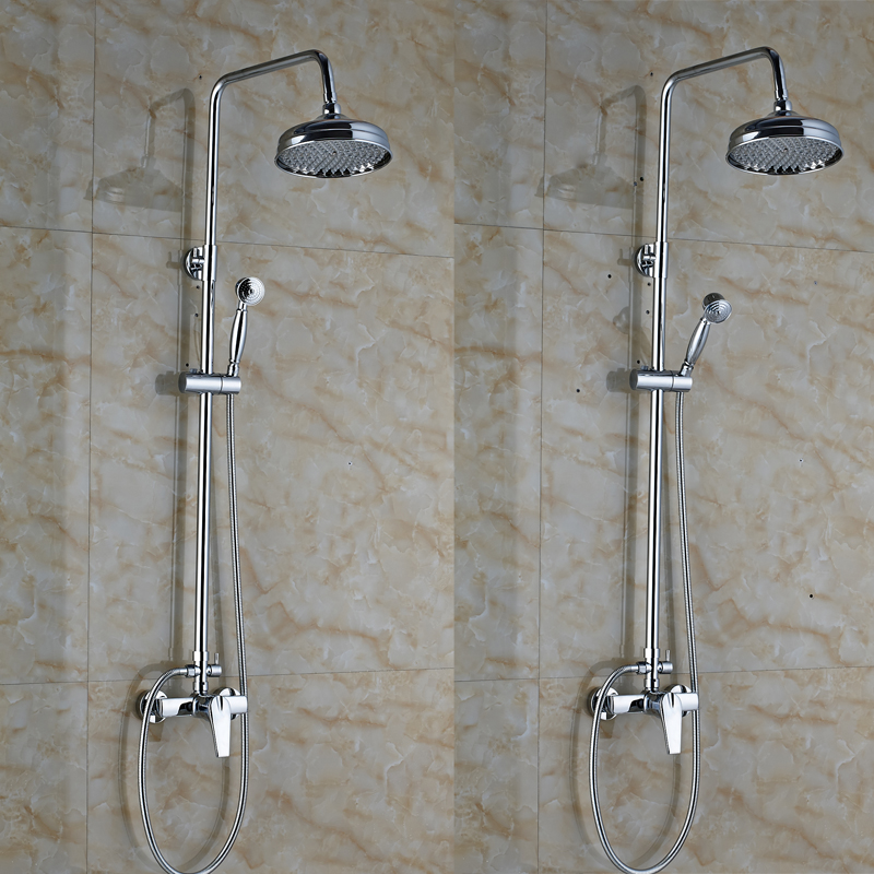 polished chrome wall mounted shower faucet complete set single handle 8" brass rainfall shower mixer with handshower