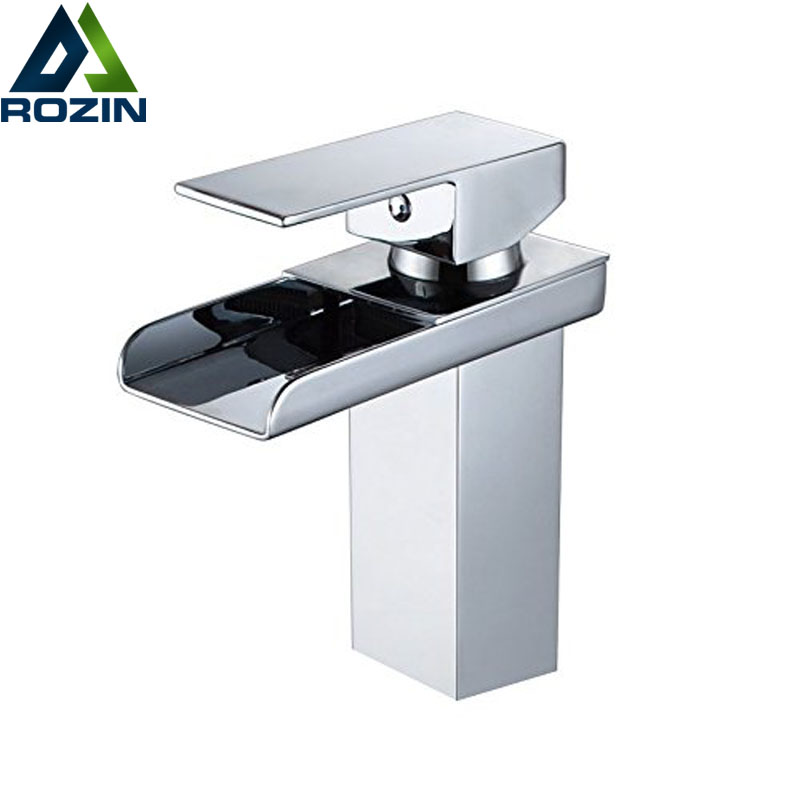 polished chrome waterfall spout bathroom sink faucet set deck mount one hole basin mixer taps