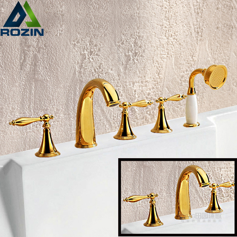 polished golden widespread bathtub faucet brass deck mounted bathroom tub sink mixer taps