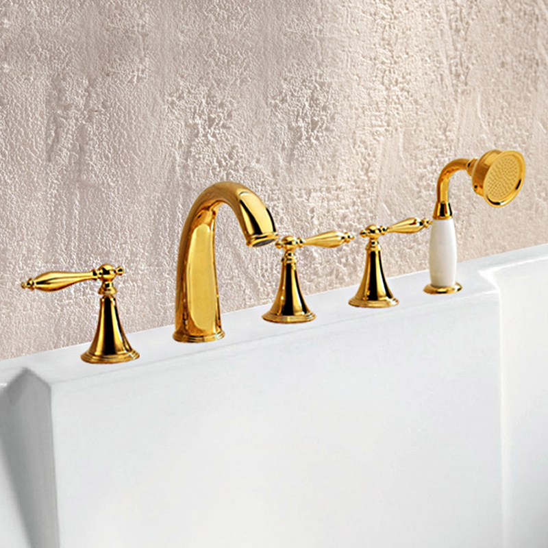 polished golden widespread bathtub faucet brass deck mounted bathroom tub sink mixer taps