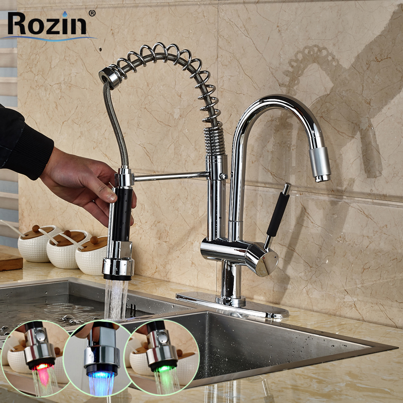 rgb led light spring pull down kitchen faucet single handle dual spout hands sprayer kitchen mixer taps in chrome