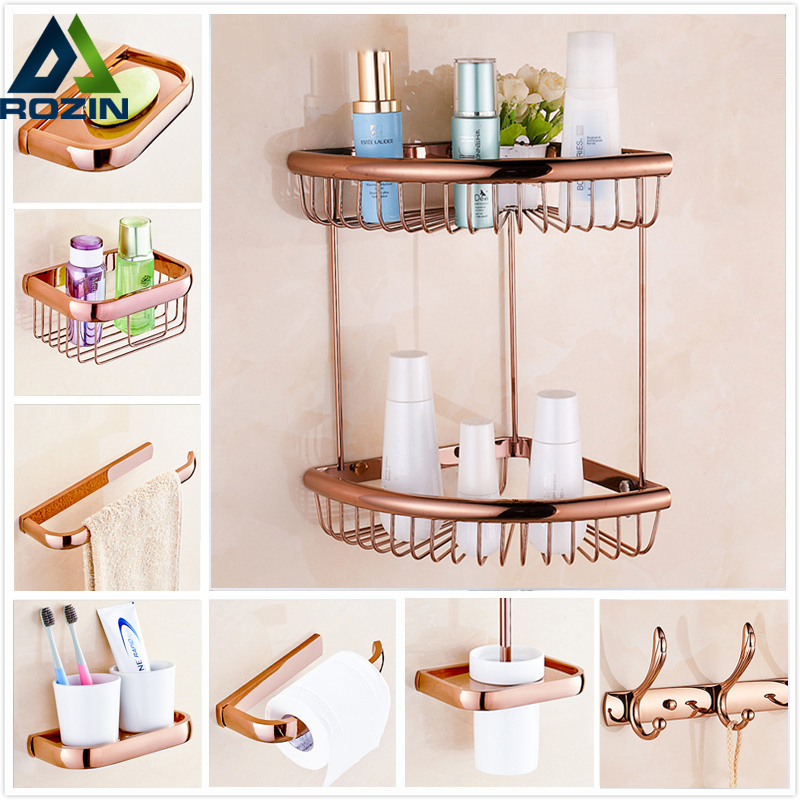 rose golden bathroom hardware sets towel rack/ basket shelf /toilet paper holder/ robe hooks/ soap dish wall mount