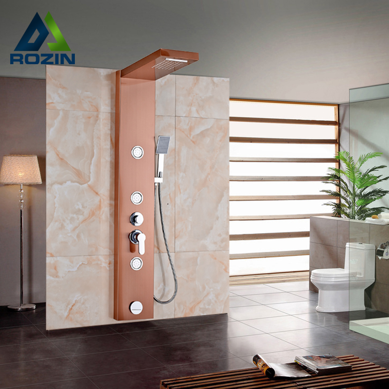 rose golden rainfall waterfall head shower panel rain massage system stainless steel faucet with jets & hand shower