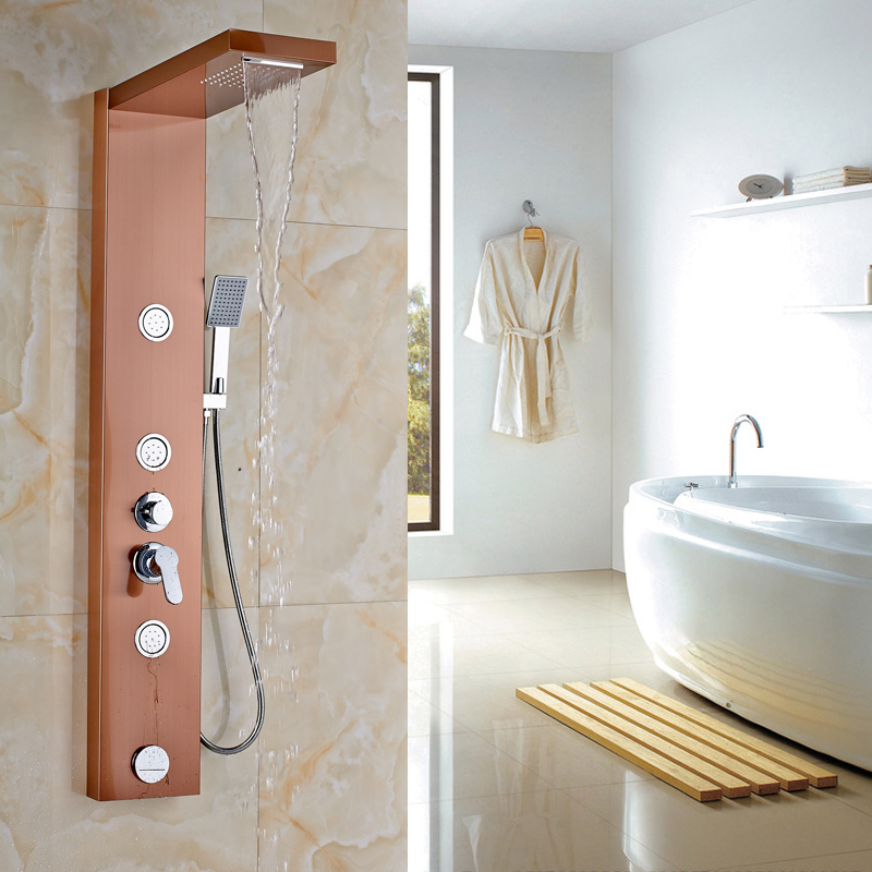 rose golden rainfall waterfall head shower panel rain massage system stainless steel faucet with jets & hand shower