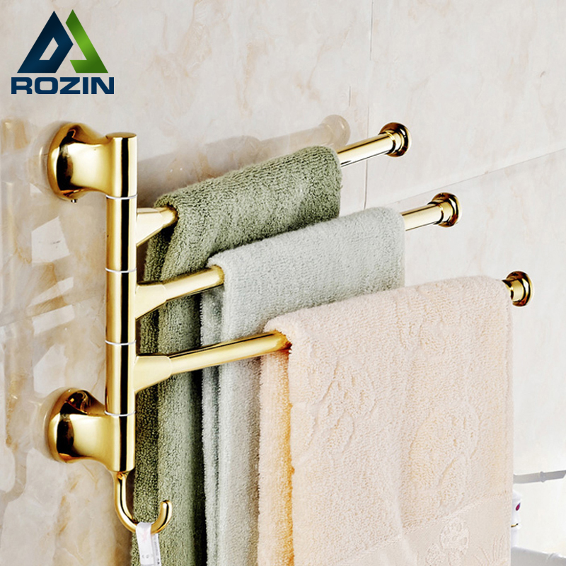 rotation 3 rod towel rack gold-plate wall mounted bathroom towel bar three bar towel shelf