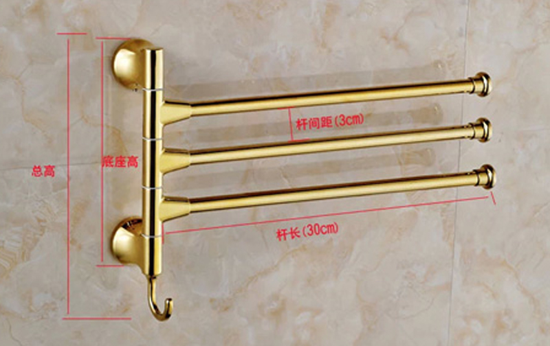 rotation 3 rod towel rack gold-plate wall mounted bathroom towel bar three bar towel shelf