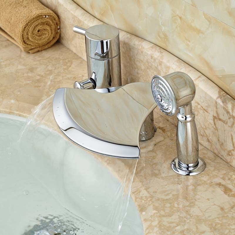 single handle 3pcs waterfall spout bathtub faucet deck mount bathroom tub sink mixer tap with handshower