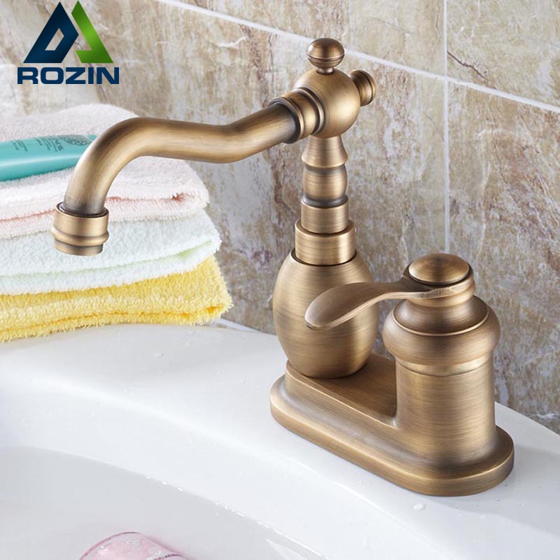 single handle antique brass 4 inch bathroom kitchen faucets deck mount dual hole basin sink mixer taps