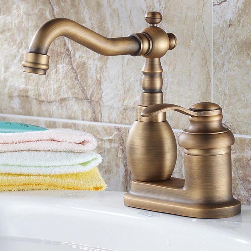 single handle antique brass 4 inch bathroom kitchen faucets deck mount dual hole basin sink mixer taps