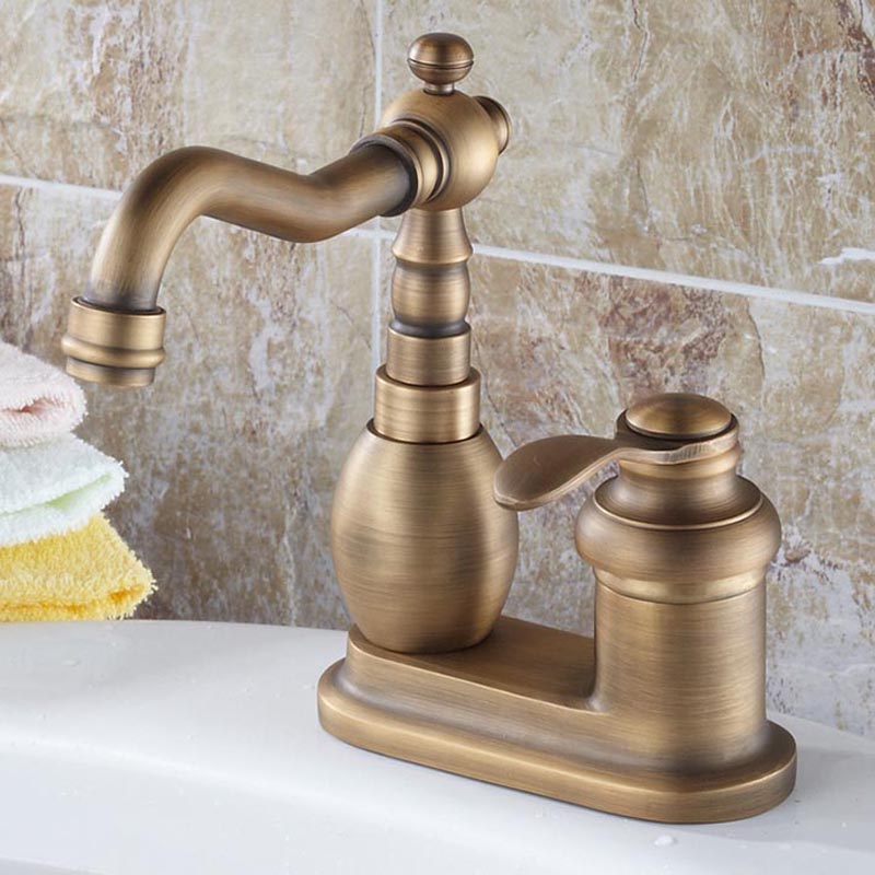 single handle antique brass 4 inch bathroom kitchen faucets deck mount dual hole basin sink mixer taps