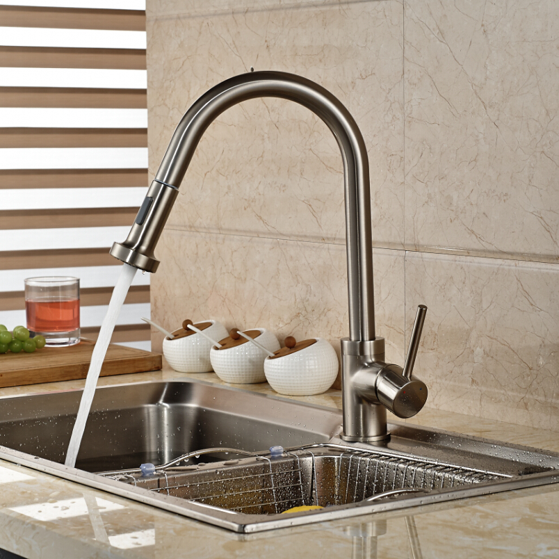 single handle deck mount waterfall kitchen sink mixer faucet brushed nickel rotation dual sprayer nozzle