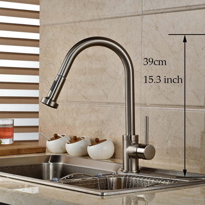 single handle deck mount waterfall kitchen sink mixer faucet brushed nickel rotation dual sprayer nozzle