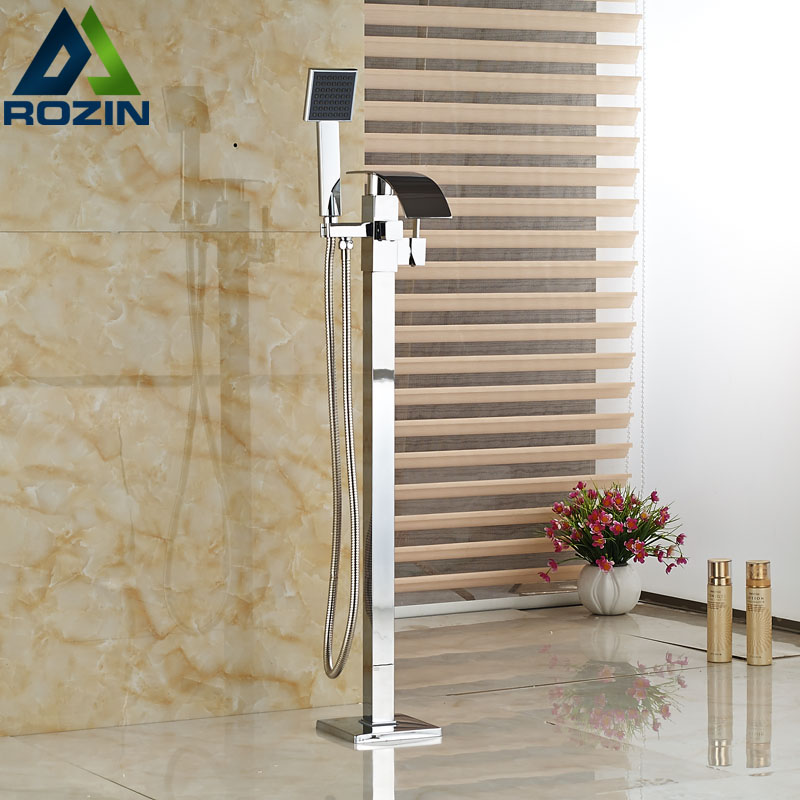 standing bathtub floor mounted faucet tap set & hand shower bath waterfall spout chrome finish